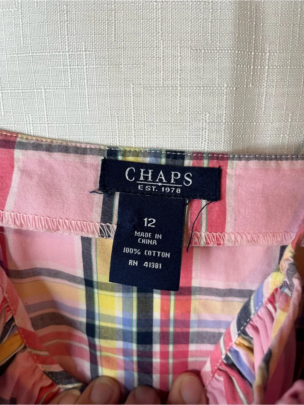 Chaps Pink Plaid Sundress with Yellow & Navy Accents